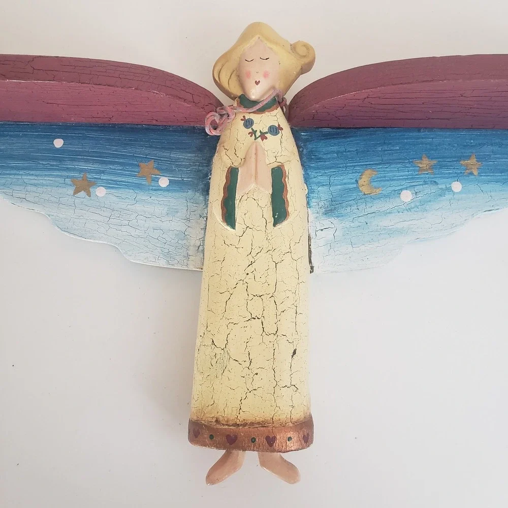 VTG Praying Angel Wood Wall Shelf Hand Painted Folk Art 17